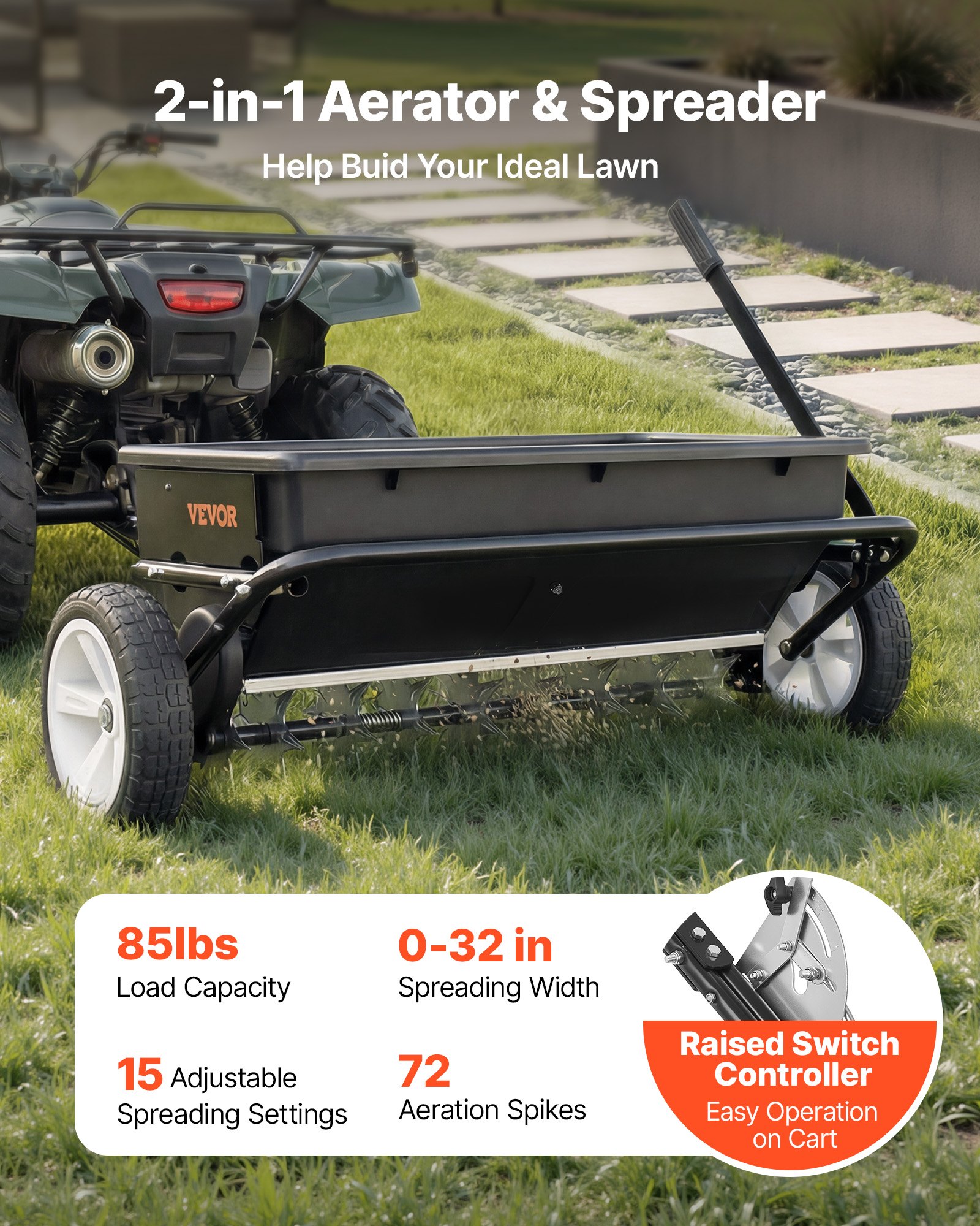 VEVOR Spargiconcime da Traino Capacità 45 kg e Ruote da 25,4cm per ATV UTV, Larghezza Spandimento di 0,81m, Seminatrice da Giardino a Diffusione Aeratore Terreno con Attacco Universale per Semina