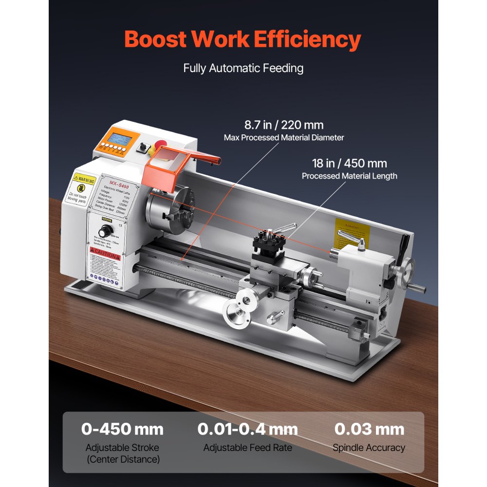 VEVOR Tornio per Metalli Legno, 220 x 450 mm, Tornio di Precisione da Banco per Metalli, Avanzamento Automatico, Variabile Velocità 2500 Giri al Minuto, Motore Senza Spazzole 1250 W