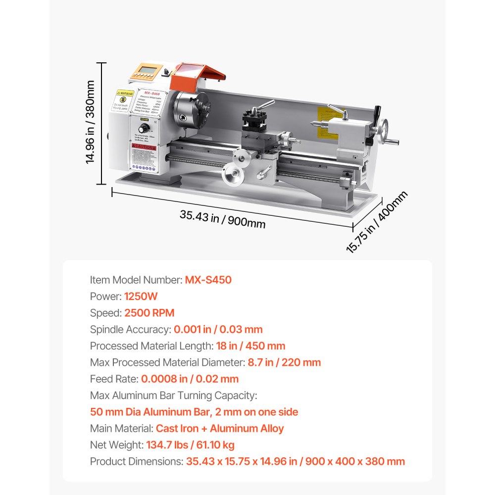VEVOR Tornio per Metalli Legno, 220 x 450 mm, Tornio di Precisione da Banco per Metalli, Avanzamento Automatico, Variabile Velocità 2500 Giri al Minuto, Motore Senza Spazzole 1250 W