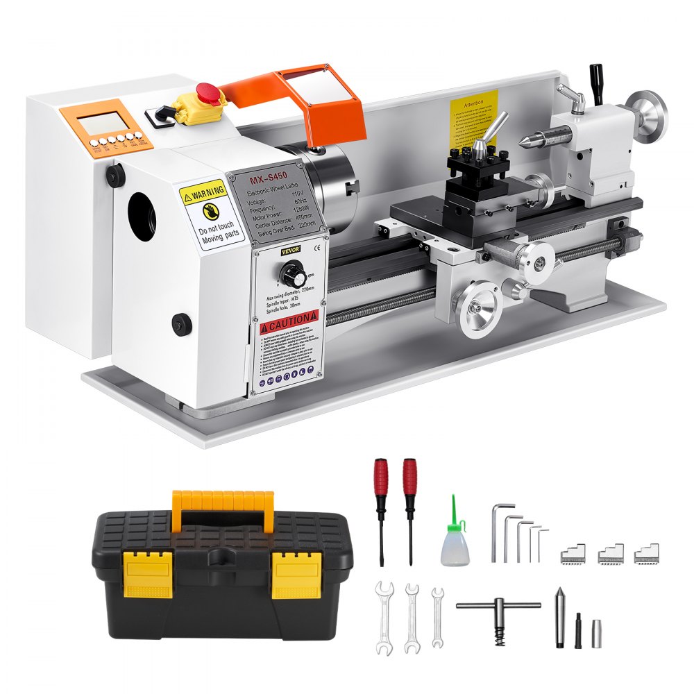 VEVOR Tornio per Metalli Legno, 220 x 450 mm, Tornio di Precisione da Banco per Metalli, Avanzamento Automatico, Variabile Velocità 2500 Giri al Minuto, Motore Senza Spazzole 1250 W