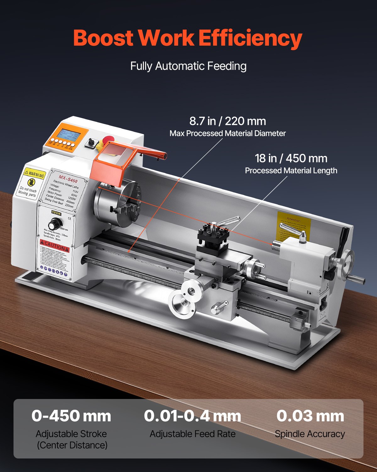 VEVOR Tornio per Metalli Legno, 220 x 450 mm, Tornio di Precisione da Banco per Metalli, Avanzamento Automatico, Variabile Velocità 2500 Giri al Minuto, Motore Senza Spazzole 1250 W
