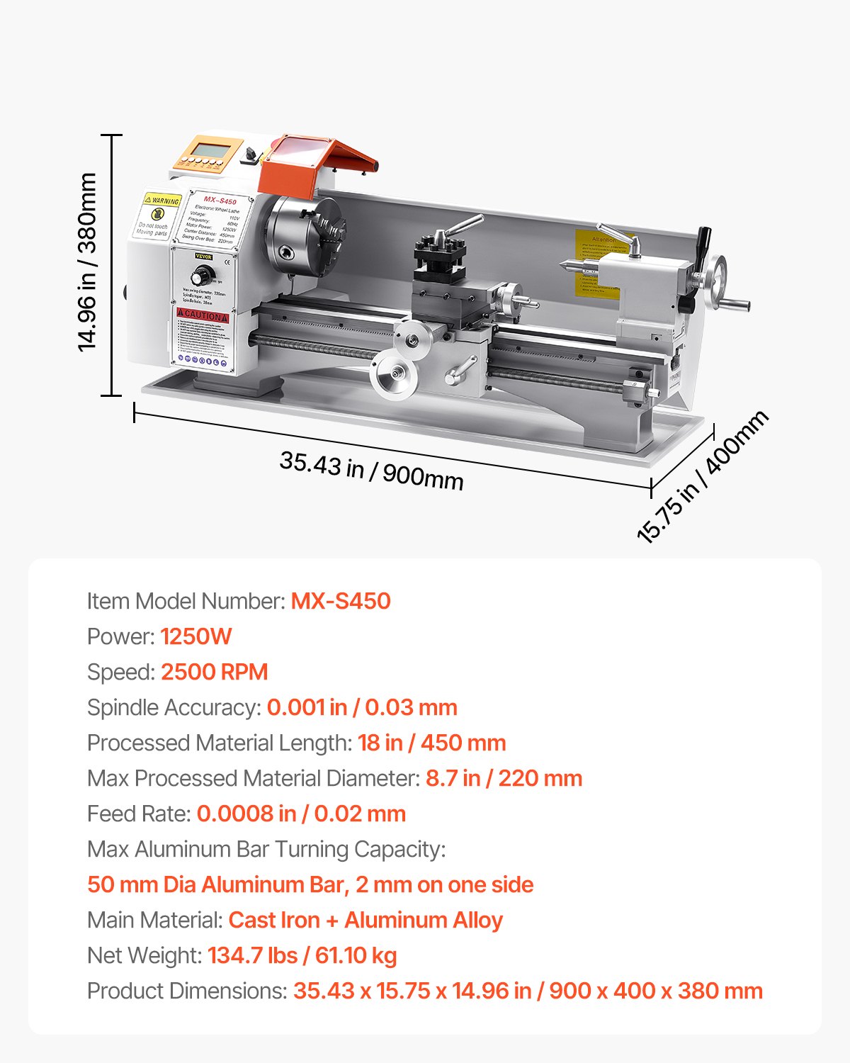 VEVOR Tornio per Metalli Legno, 220 x 450 mm, Tornio di Precisione da Banco per Metalli, Avanzamento Automatico, Variabile Velocità 2500 Giri al Minuto, Motore Senza Spazzole 1250 W