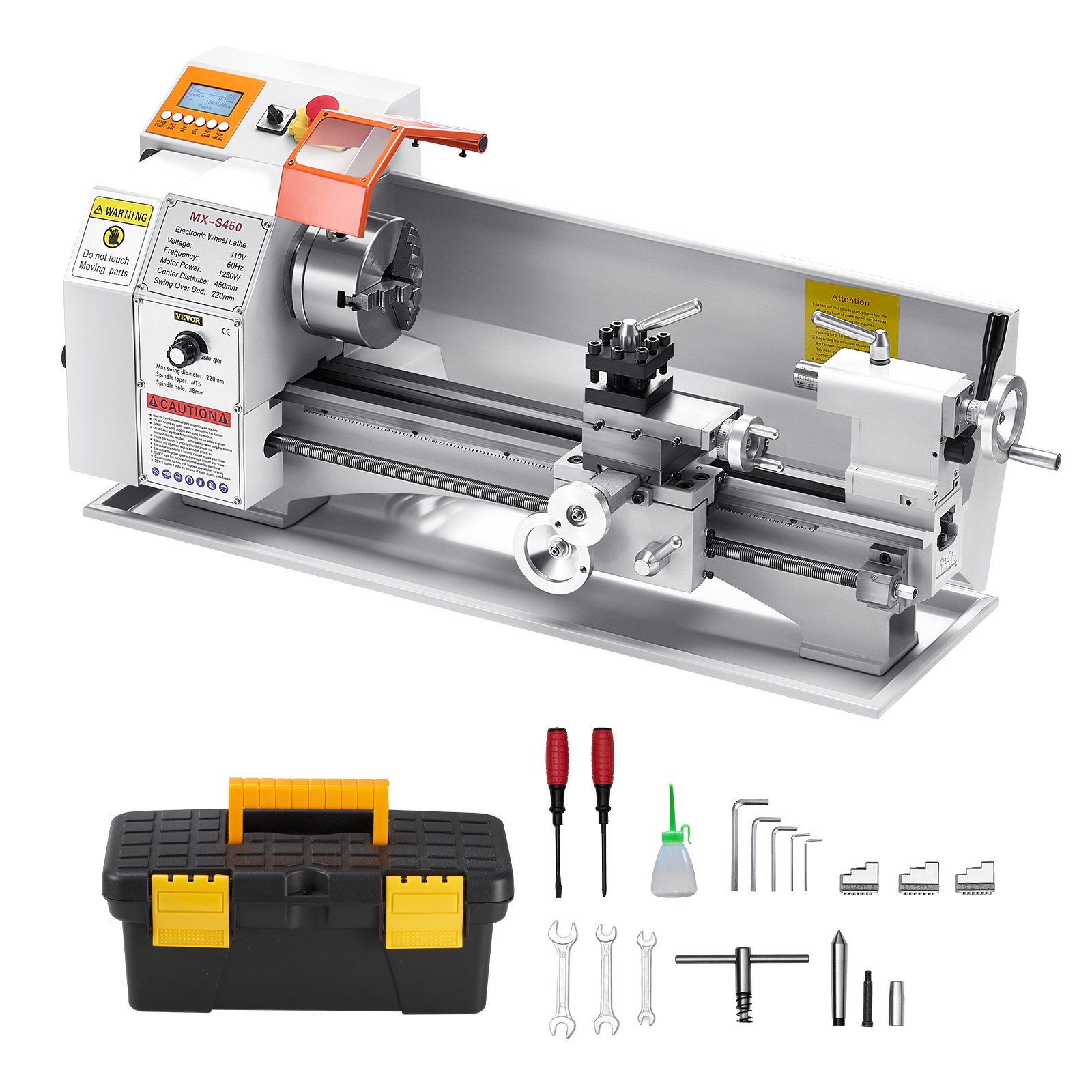 VEVOR Tornio per Metalli Legno, 220 x 450 mm, Tornio di Precisione da Banco per Metalli, Avanzamento Automatico, Variabile Velocità 2500 Giri al Minuto, Motore Senza Spazzole 1250 W