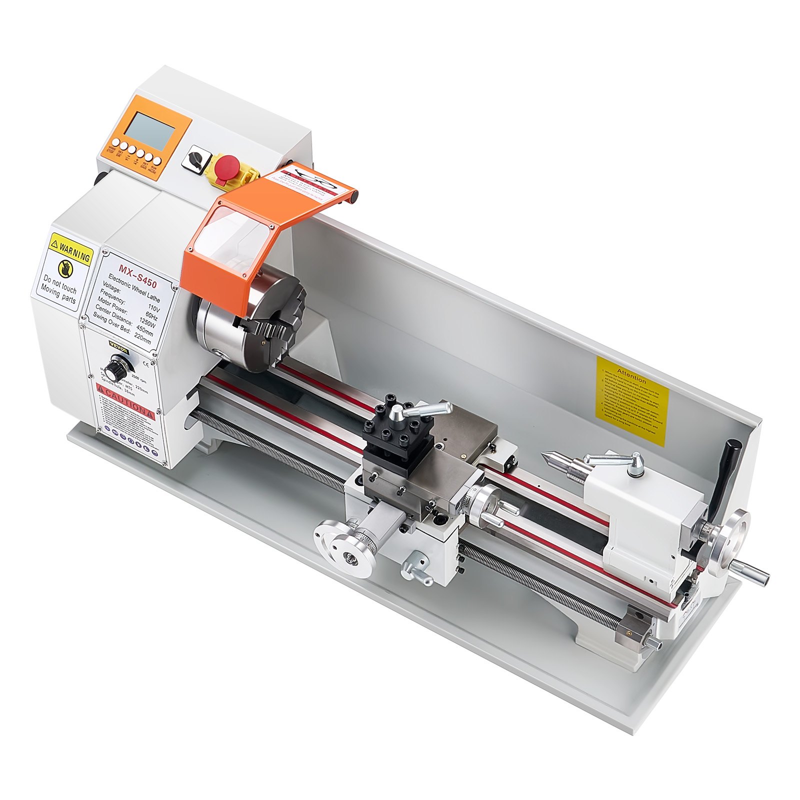VEVOR Tornio per Metalli Legno, 220 x 450 mm, Tornio di Precisione da Banco per Metalli, Avanzamento Automatico, Variabile Velocità 2500 Giri al Minuto, Motore Senza Spazzole 1250 W