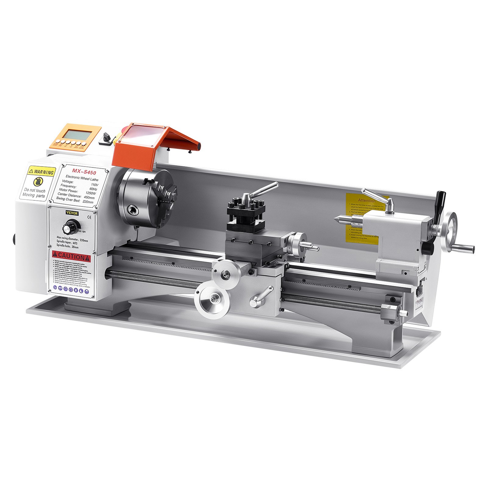 VEVOR Tornio per Metalli Legno, 220 x 450 mm, Tornio di Precisione da Banco per Metalli, Avanzamento Automatico, Variabile Velocità 2500 Giri al Minuto, Motore Senza Spazzole 1250 W