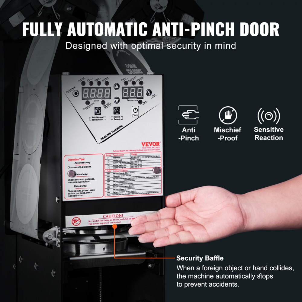 VEVOR Macchina per sigillare tazze, 500-650 tazze/ora, altezza 180 mm 90/95 mm, Sigillatrice elettrica per tè Boba con pannello LCD di controllo digitale per tè al latte con bolle, Nero