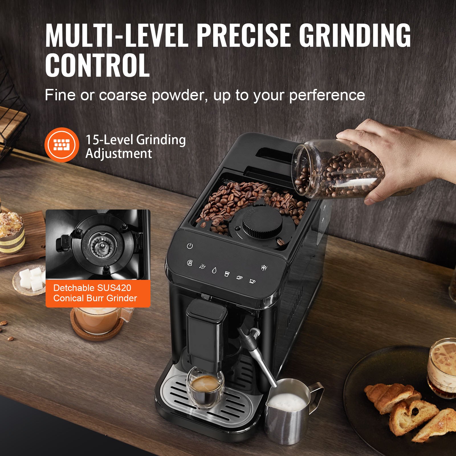 VEVOR Macchina per caffè espresso automatica, Macchina per caffè con lancia vapore, Macinacaffè impostazioni di macinatura a 15 livelli, Macchina per caffè espresso serbatoio dell'acqua 1,5 litri