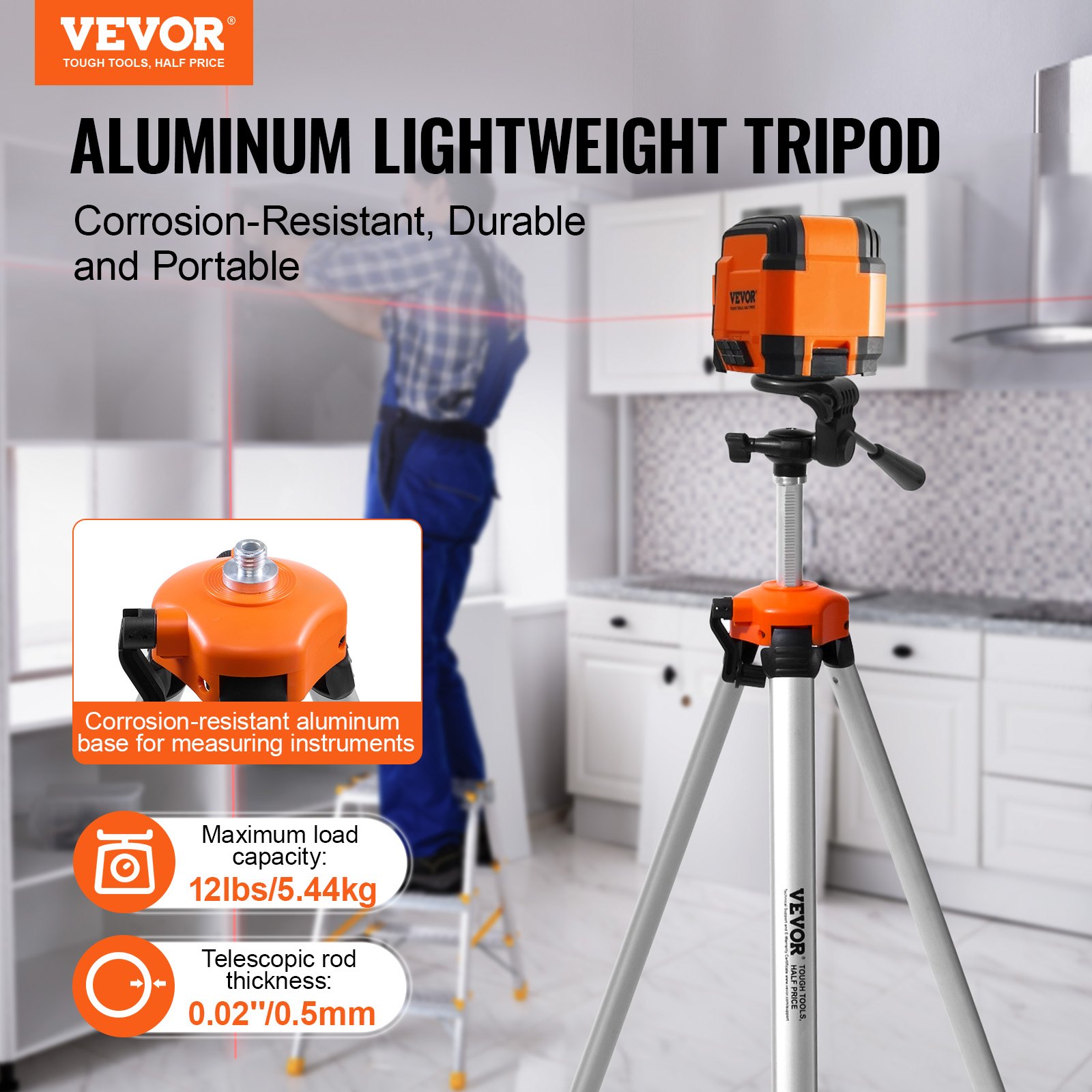 VEVOR Treppiede per Livella Laser, Attacco Filettato ¼ x 20, Regolabile Altezza 695-1750 mm con Bolla di Livello Integrata Supporto per Scanner Laser Leggero, Gambe Retrattili Treppiede in Alluminio