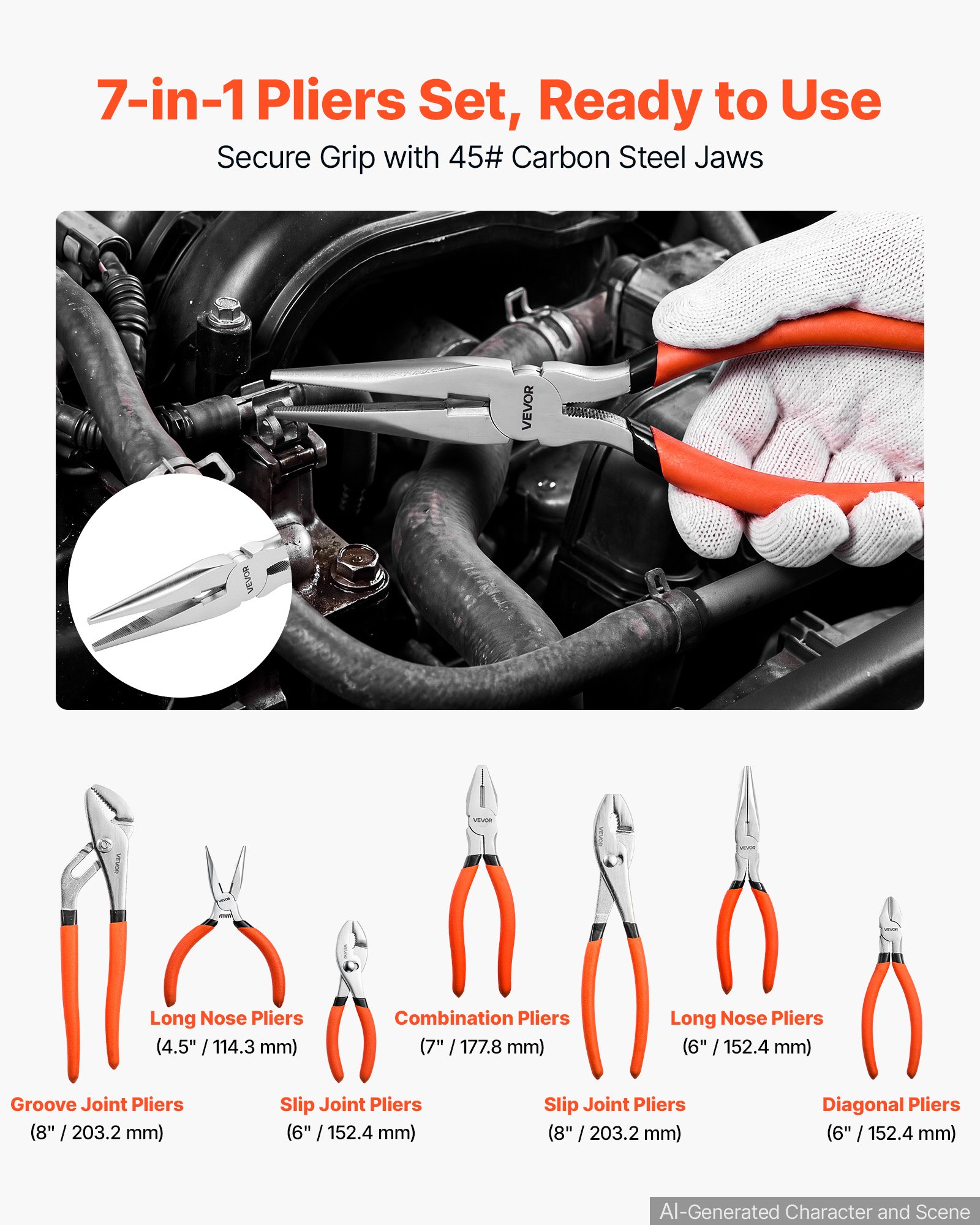 VEVOR Pliers Set 7-Piece Utility Set Polished Carbon Steel Jaw Hand Tools, For DIY & Home Use, Groove Joint, Combination, Diagonal, Slip Joint, Long Nose Pliers, Non-Slip Grips, User-Friendly Design