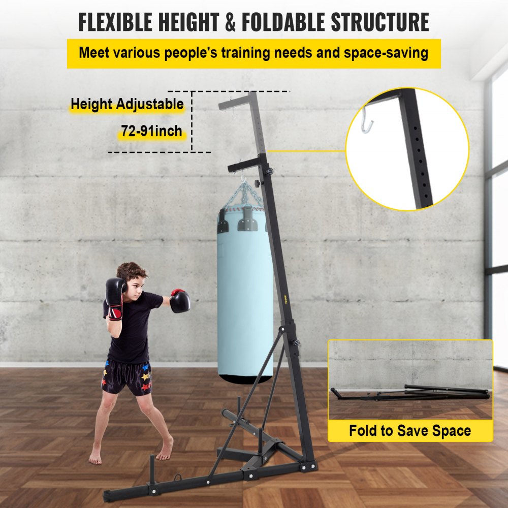 VEVOR Staffa di Punzonatura Supporto per Sandbag Pieghevole da 60KG, Poggiapiedi per Sacco da Boxe con Altezza Estesa 230CM, Supporto Pieghevole per Sacco da Boxe per Sacco Pesante in Acciaio Nero