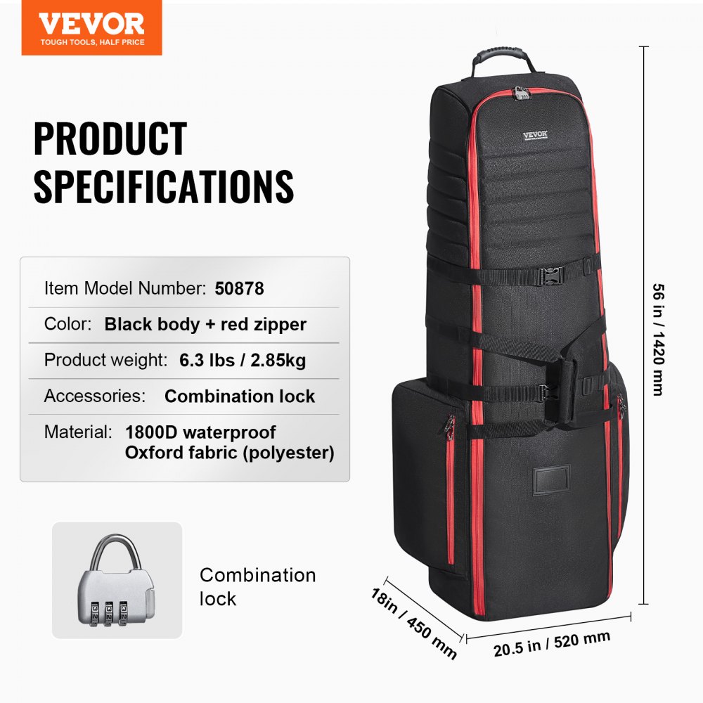 VEVOR Golf Travel Bag, Golf Luggage with Wheels, Durable 1800D Polyester Oxford, Soft Golf Club Storage Bag for Airplanes, Waterproof and Wear-Resistant, Red + Black