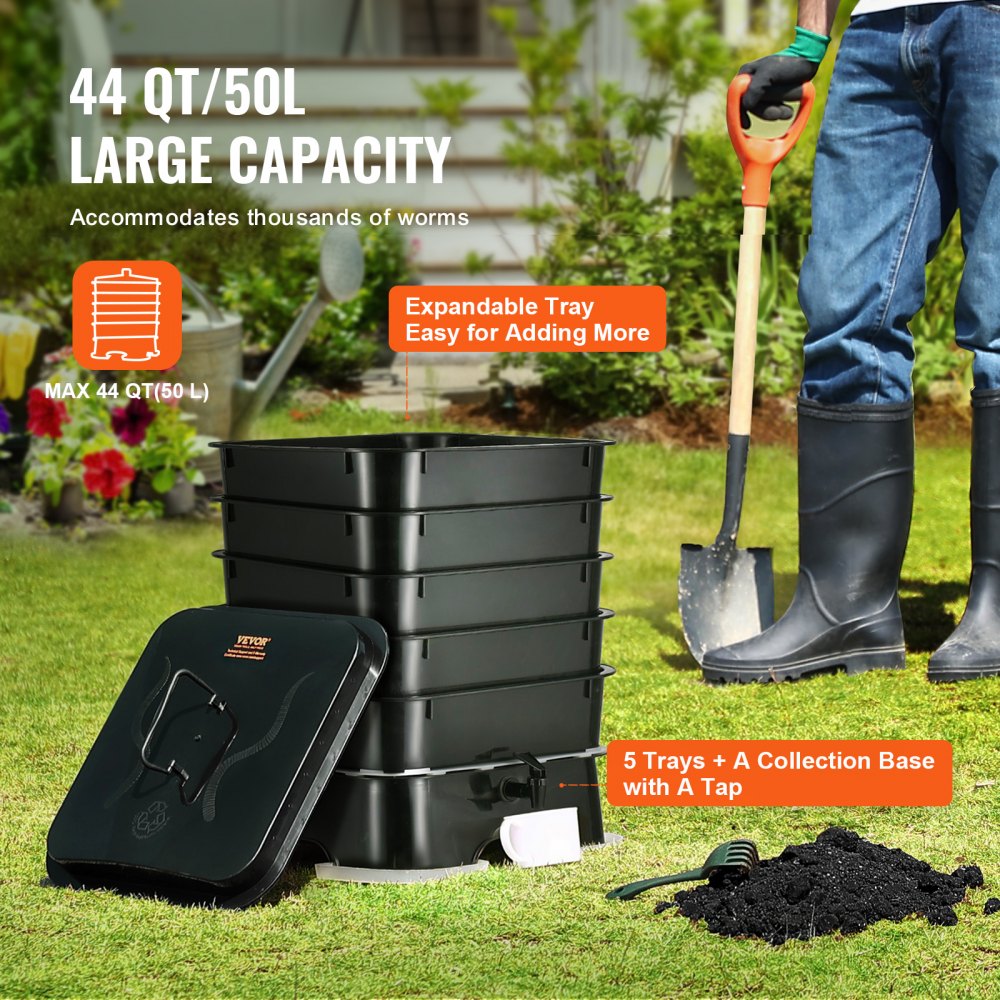 VEVOR Bidone di Vermicompost da Giardino 5 Vassoi Capienza circa 50L max., Contenitore Compostaggio per Rifiuti per Giardino Plastica HDPE, Compostiera Giardino 5 Ripiani per Giardinaggio da Esterno