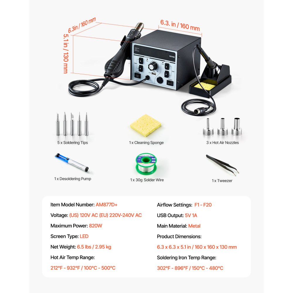 VEVOR 2-in-1 Hot Air Soldering Station, 820W Digital Display, Rework and Soldering Iron Station with 5V USB Charging Port, Adjustable Temperature and Airflow, 3 Hot Air Nozzles, 5 Soldering Tips