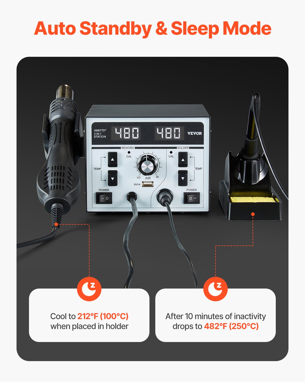 VEVOR 2-in-1 Hot Air Soldering Station, 820W Digital Display, Rework and Soldering Iron Station with 5V USB Charging Port, Adjustable Temperature and Airflow, 3 Hot Air Nozzles, 5 Soldering Tips