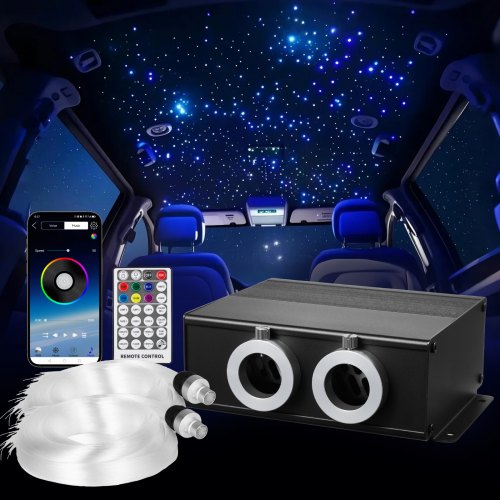 VEVOR Kit di Luci in Fibra Ottica a Stella, 900 Pezzi 0,76 mm 3 m Luci da Soffitto a Forma di Stella in Fibra Ottica 20 W per Auto, APP Bluetooth, Telecomando, Attivazione Sonora, Motore di Luce RGBW
