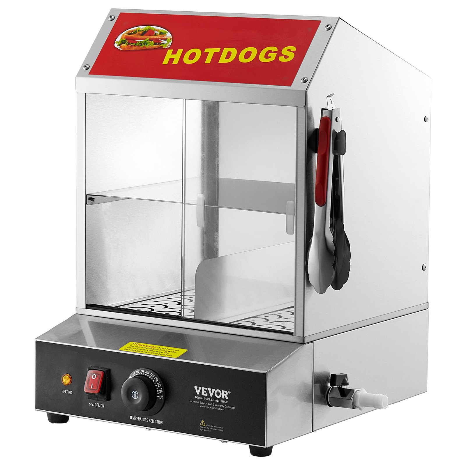 VEVOR Hot Dog Steamer, 27L, 2-Tier Hot Dog Hat Steamer, 30℃~85℃ Temperature Control, Electric Bun Warmer with Tempered Glass Sliding Doors, Dividing Plate Tongs, Stainless Steel, for Hot Dogs & Buns