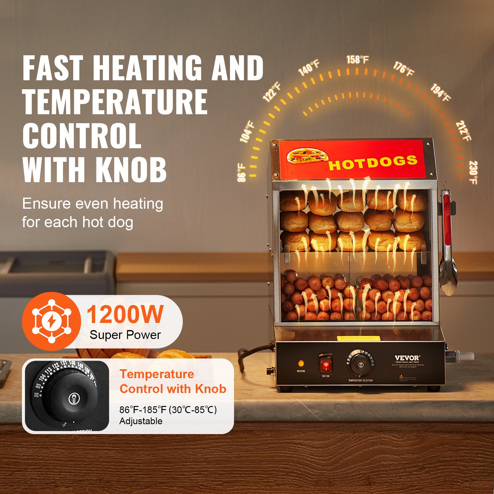 VEVOR Macchine per Hot Dog a Vapore 27L, Macchina per Hot Dog a Vapore da 2 Ripiani, Controllo Temperatura 30℃~85℃, Macchina Scaldatrice Panini Elettrico con Porte Scorrevoli in Vetro da Bar Pizzeria