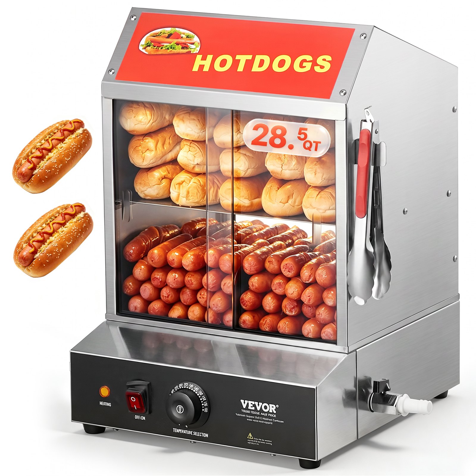 VEVOR Macchine per Hot Dog a Vapore 27L, Macchina per Hot Dog a Vapore da 2 Ripiani, Controllo Temperatura 30℃~85℃, Macchina Scaldatrice Panini Elettrico con Porte Scorrevoli in Vetro da Bar Pizzeria