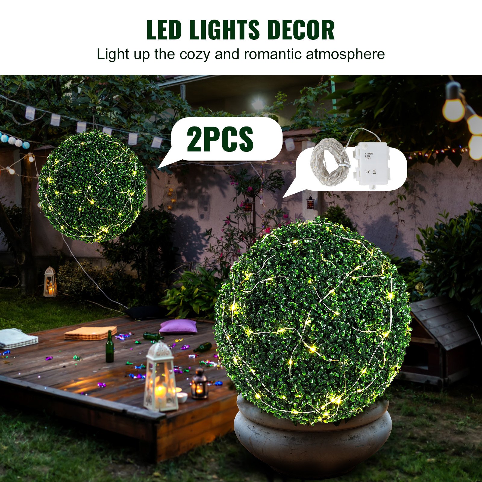 VEVOR Sfere di Bosso Artificiale Ø50,8 cm 2 Pezzi Sfera di Bosso Decorativa da Giardino, Palla di Bosso Artificiale Pianta Artificiale in PE, Legno, PP Accessori Luci LED Decorative Foglie di Ricambio