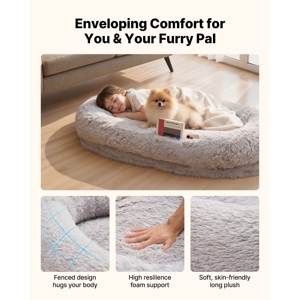 VEVOR Letto a Sacco per Cani da 132 x 86 x 24 cm, Cuccia in Schiuma Memoria per Cani a Misura Umana, con Tasca Laterale, Maniglia e Cerniera, Fodera Rimovibile e Lavabile in Lavatrice, Peluche Lungo