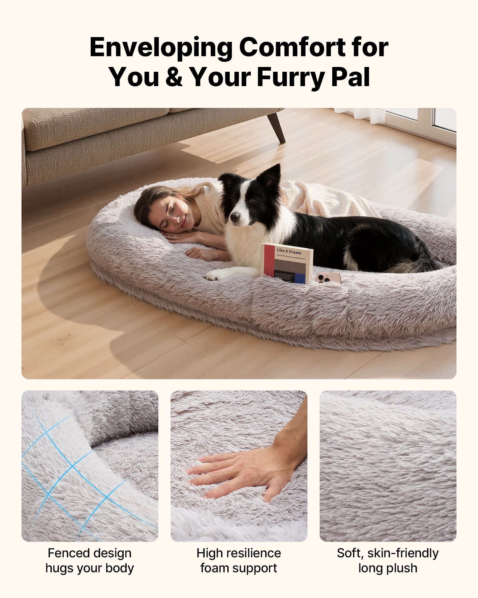 VEVOR Letto Stile Cane per Umani Amici Pelosi da 1710 x 1000 x 240 mm, Letto per Cani a Misura Umana, con Tasca Laterale, Maniglia e Cerniera, Fodera Rimovibile e Lavabile in Lavatrice, Pelo Alto