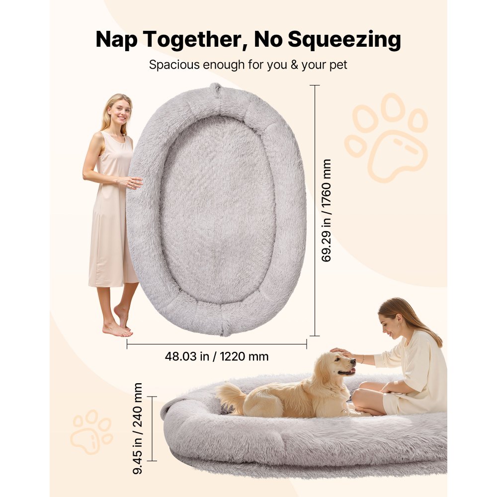 VEVOR Cuccia per Cani Animali Domestici da 1760 mm x 1220 mm x 240 mm, Peluche Lungo per Cani di Taglia Umana, con Tasca Laterale, Maniglia e Cerniera, Rimovibile, Lavabile in Lavatrice, Grigio