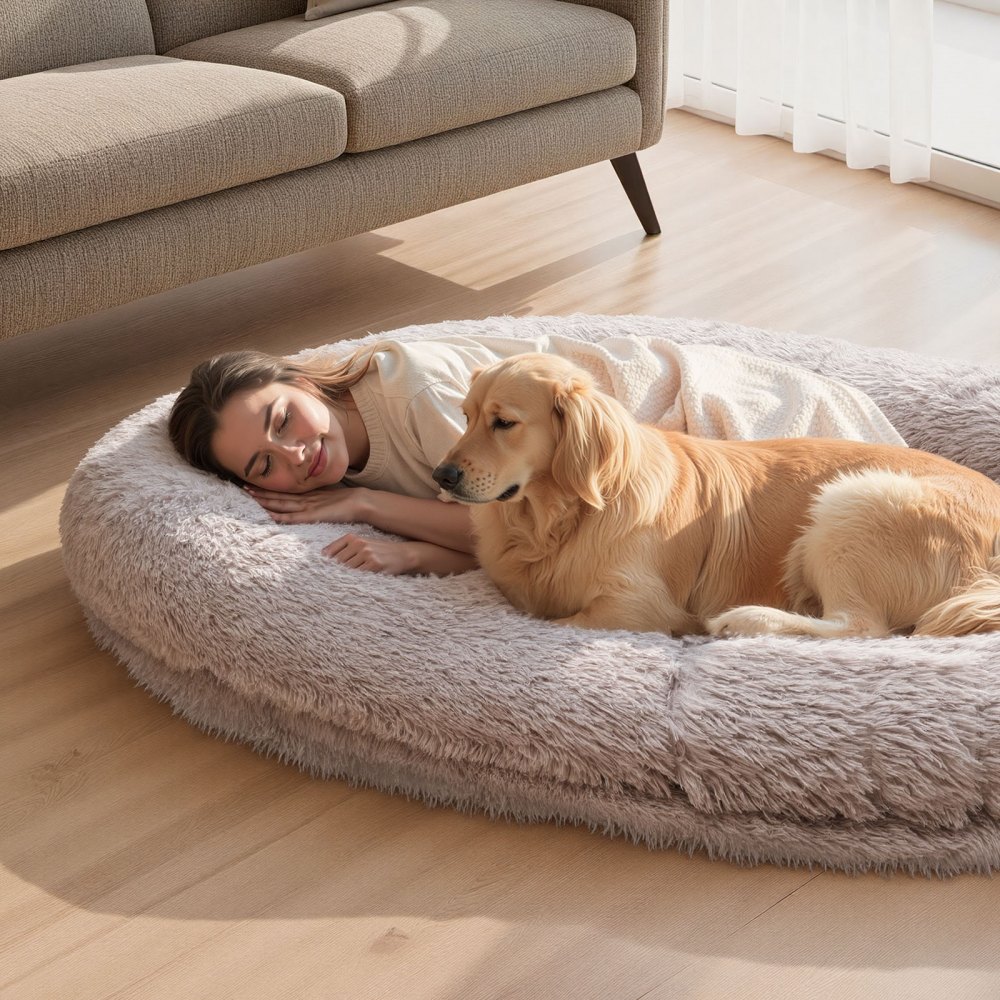 VEVOR Cuccia per Cani Animali Domestici da 1760 mm x 1220 mm x 240 mm, Peluche Lungo per Cani di Taglia Umana, con Tasca Laterale, Maniglia e Cerniera, Rimovibile, Lavabile in Lavatrice, Grigio