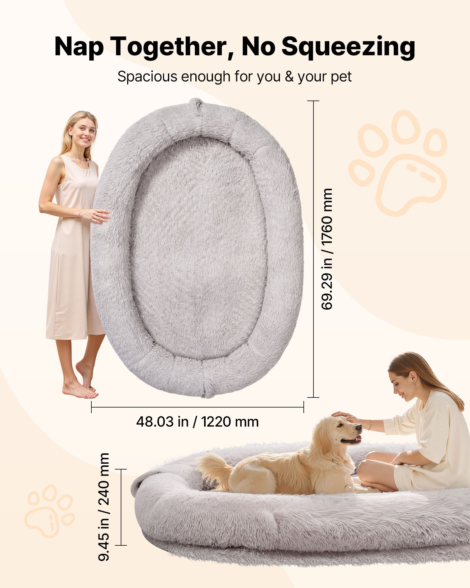 VEVOR Cuccia per Cani Animali Domestici da 1760 mm x 1220 mm x 240 mm, Peluche Lungo per Cani di Taglia Umana, con Tasca Laterale, Maniglia e Cerniera, Rimovibile, Lavabile in Lavatrice, Grigio