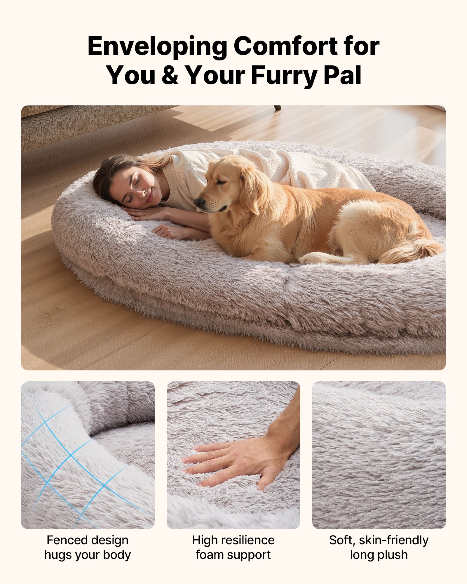 VEVOR Cuccia per Cani Animali Domestici da 1760 mm x 1220 mm x 240 mm, Peluche Lungo per Cani di Taglia Umana, con Tasca Laterale, Maniglia e Cerniera, Rimovibile, Lavabile in Lavatrice, Grigio