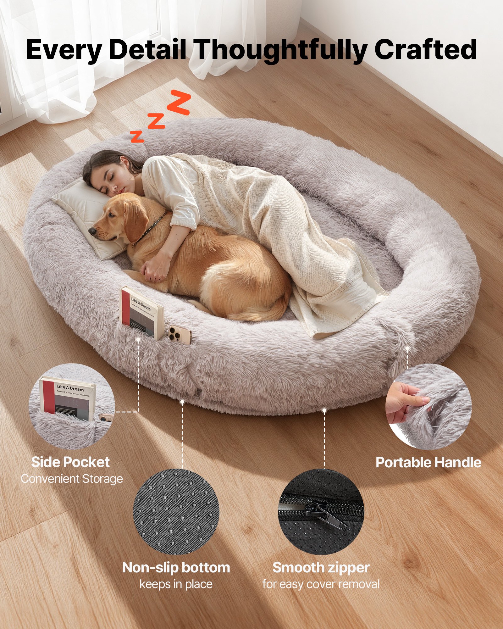 VEVOR Cuccia per Cani Animali Domestici da 1760 mm x 1220 mm x 240 mm, Peluche Lungo per Cani di Taglia Umana, con Tasca Laterale, Maniglia e Cerniera, Rimovibile, Lavabile in Lavatrice, Grigio