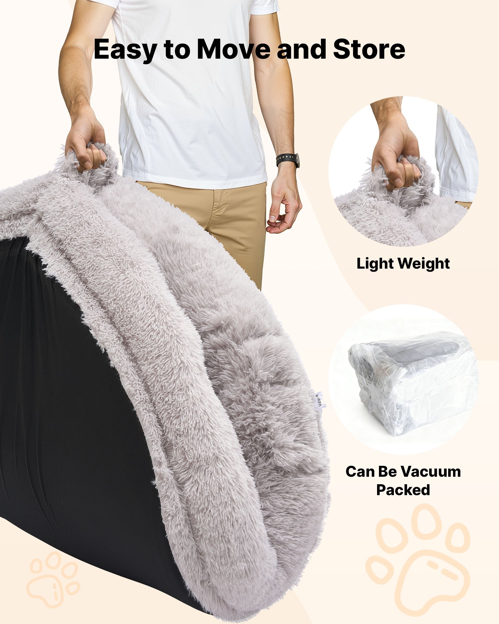 VEVOR Cuccia per Cani Animali Domestici da 1760 mm x 1220 mm x 240 mm, Peluche Lungo per Cani di Taglia Umana, con Tasca Laterale, Maniglia e Cerniera, Rimovibile, Lavabile in Lavatrice, Grigio