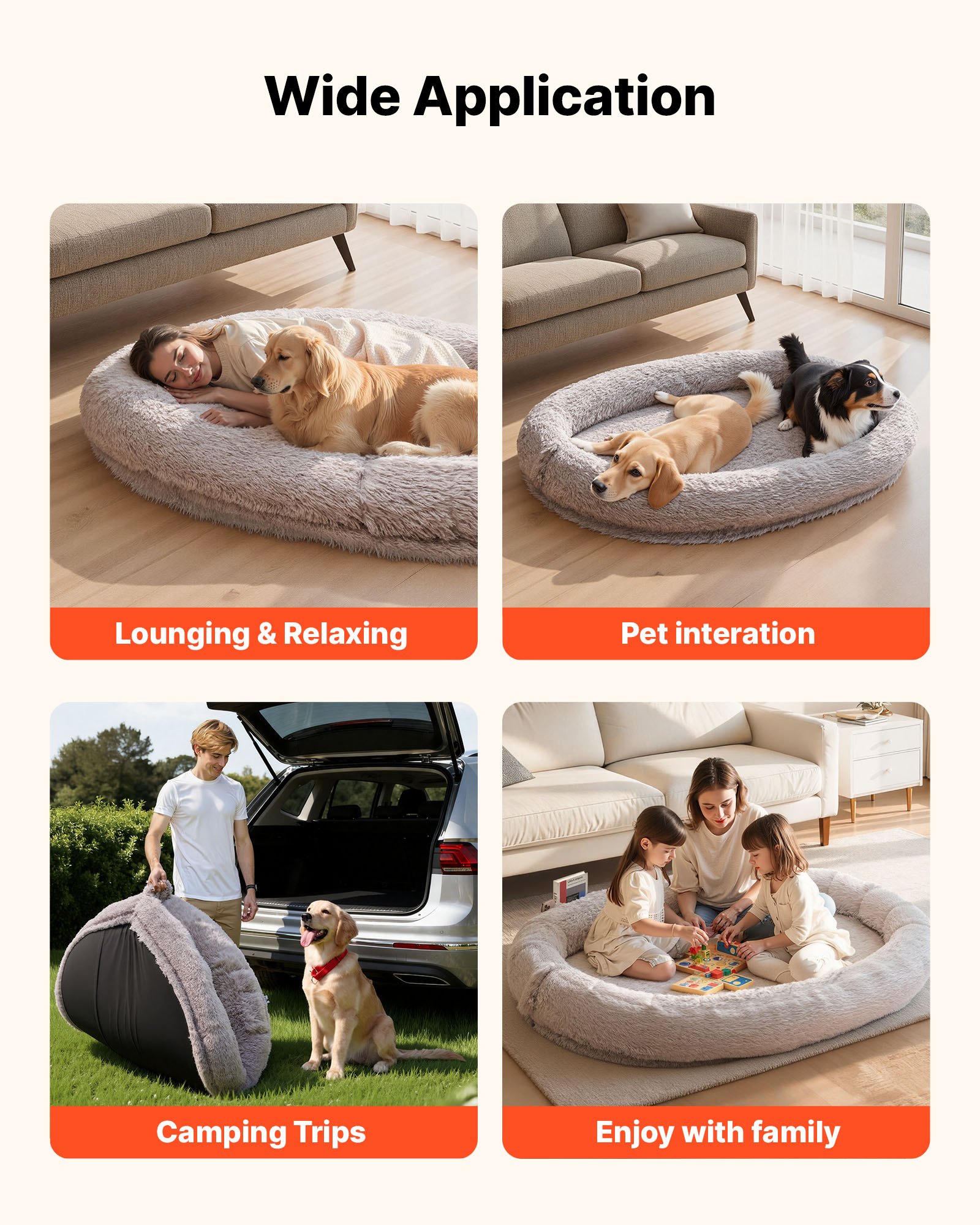 VEVOR Cuccia per Cani Animali Domestici da 1760 mm x 1220 mm x 240 mm, Peluche Lungo per Cani di Taglia Umana, con Tasca Laterale, Maniglia e Cerniera, Rimovibile, Lavabile in Lavatrice, Grigio