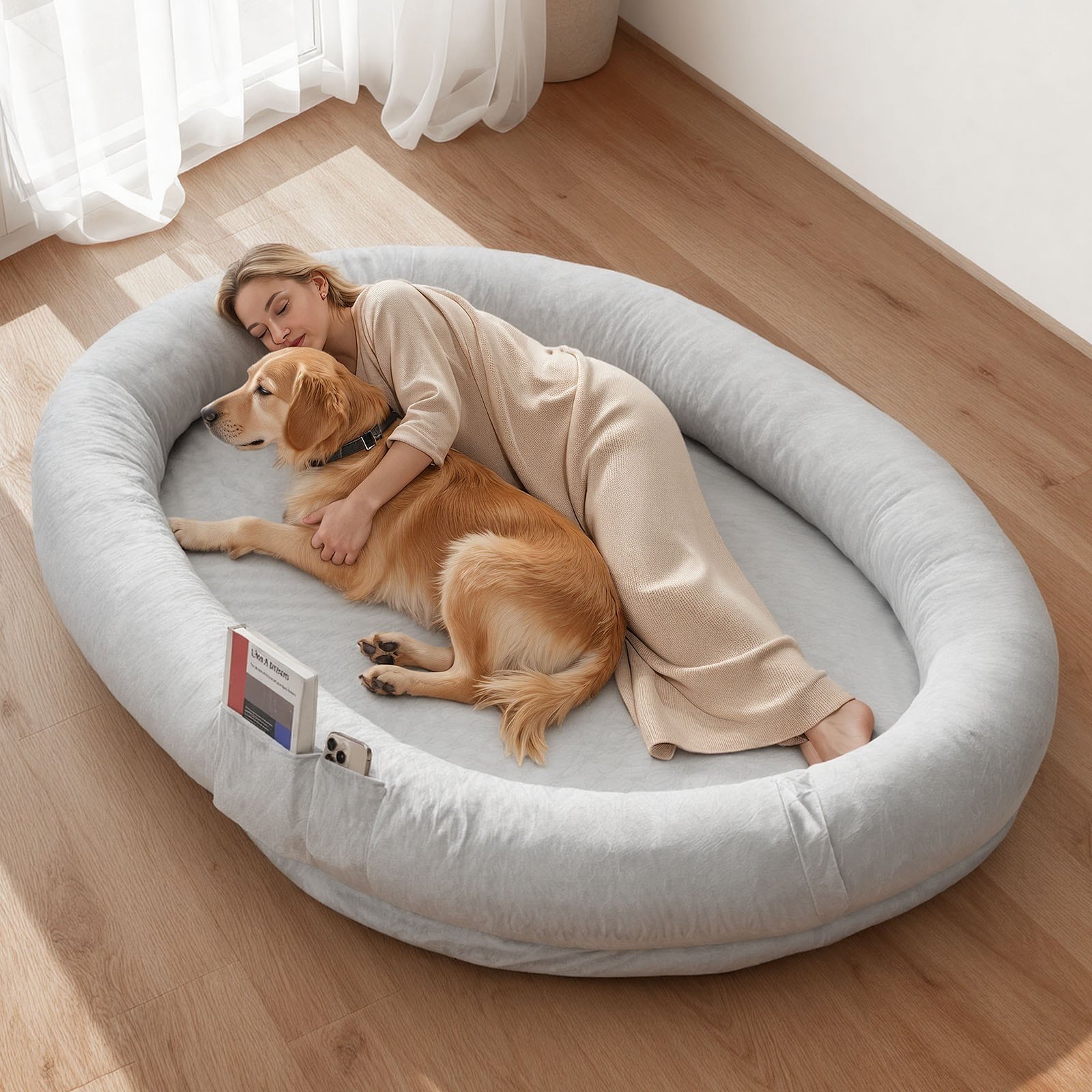 VEVOR Cuccia per Cani Animali Domestici da 1780 x 1200 x 240 mm, Peluche Corto per Cani di Taglia Umana, con Tasca Laterale, Maniglia e Cerniera, Rimovibile, Lavabile in Lavatrice, Grigio