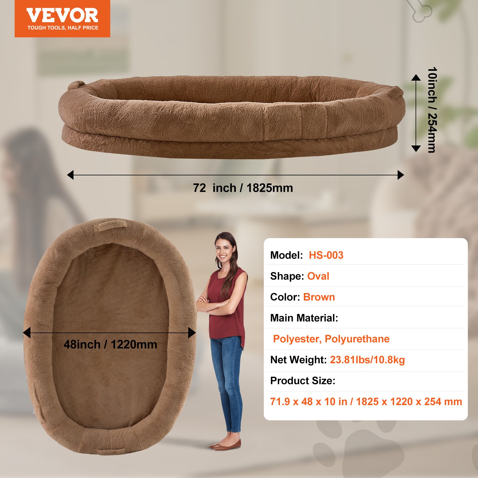 VEVOR Dog Bed for People, 183 x 122 x 25 cm, Adult Dog Bed, Human-Size Dog Bed with Washable Faux Rabbit Fur Cover, Orthopedic Egg Foam, Storage Bag, Large Bean Bed for Dogs, Brown