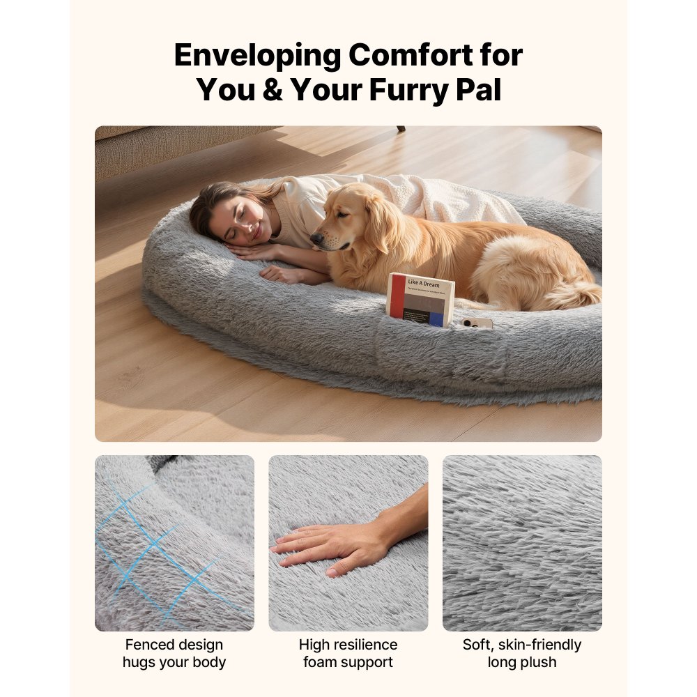VEVOR Cuccia per Cani di Taglia Grande da 1740 x 1180 x 240 mm, Letto per Cani a Misura Umana, con Tasca Laterale, Maniglia e Cerniera, Fodera Rimovibile e Lavabile in Lavatrice, Pelo Alto