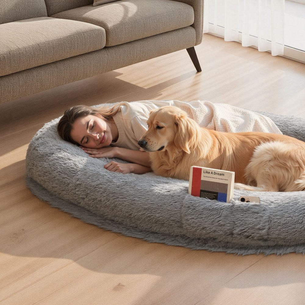 VEVOR Cuccia per Cani di Taglia Grande da 1740 x 1180 x 240 mm, Letto per Cani a Misura Umana, con Tasca Laterale, Maniglia e Cerniera, Fodera Rimovibile e Lavabile in Lavatrice, Pelo Alto