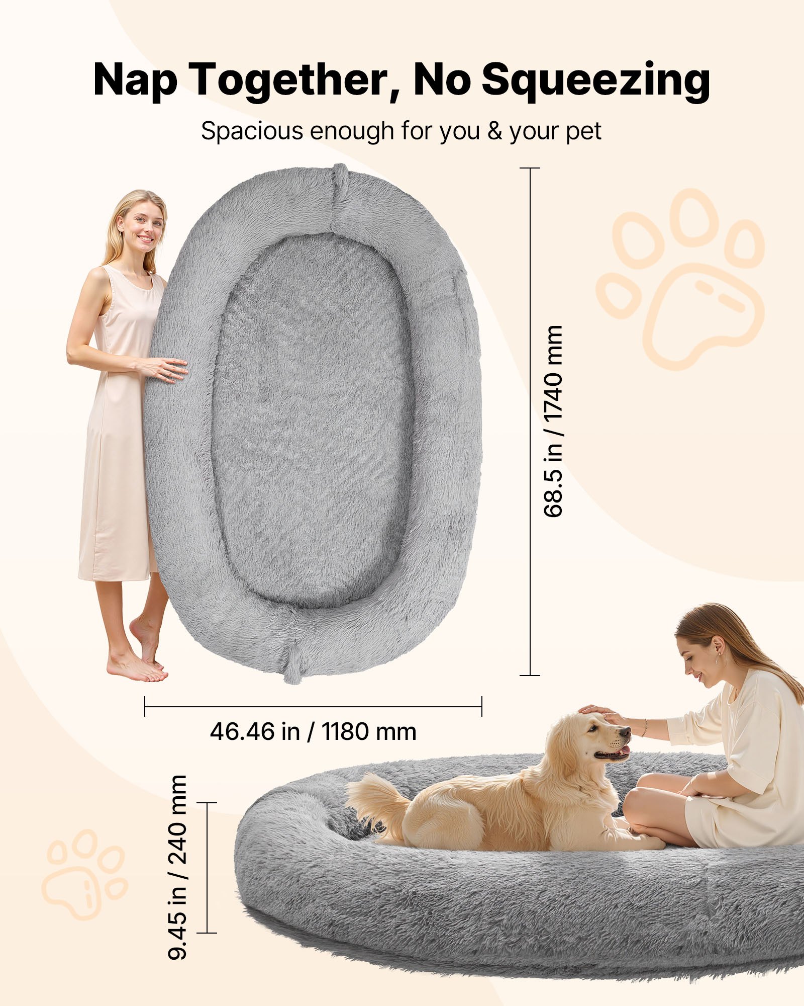 VEVOR Cuccia per Cani di Taglia Grande da 1740 x 1180 x 240 mm, Letto per Cani a Misura Umana, con Tasca Laterale, Maniglia e Cerniera, Fodera Rimovibile e Lavabile in Lavatrice, Pelo Alto