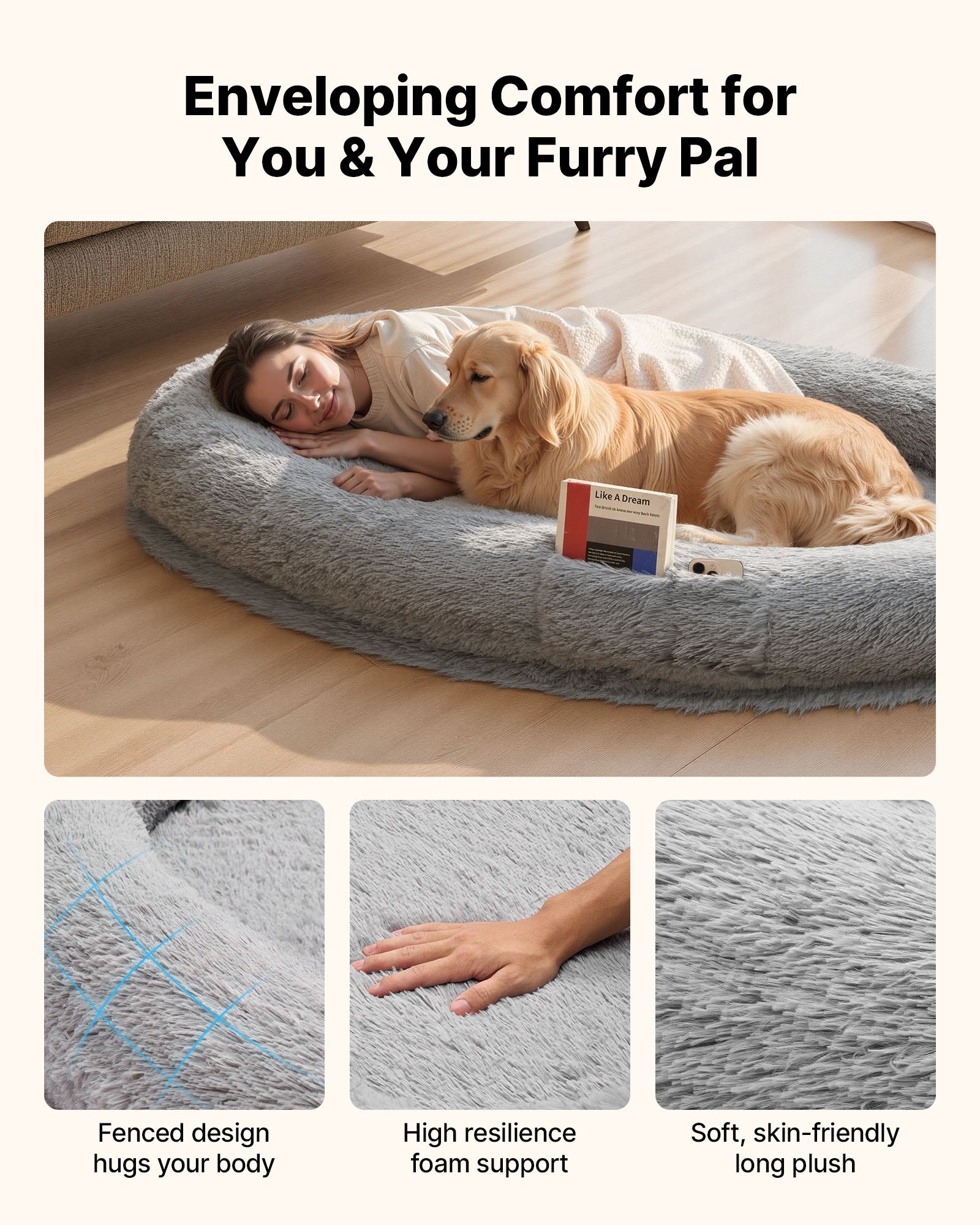 VEVOR Cuccia per Cani di Taglia Grande da 1740 x 1180 x 240 mm, Letto per Cani a Misura Umana, con Tasca Laterale, Maniglia e Cerniera, Fodera Rimovibile e Lavabile in Lavatrice, Pelo Alto