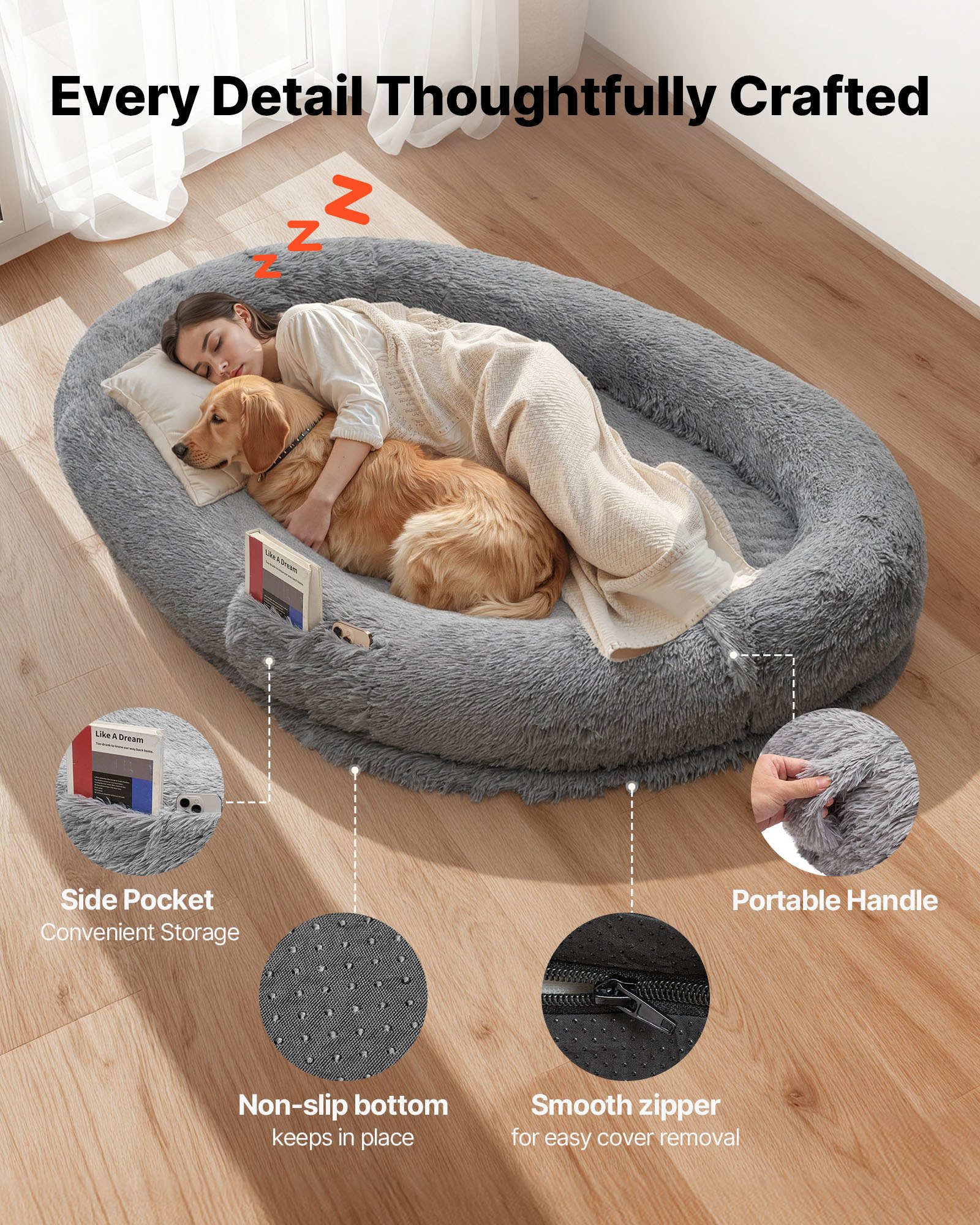 VEVOR Cuccia per Cani di Taglia Grande da 1740 x 1180 x 240 mm, Letto per Cani a Misura Umana, con Tasca Laterale, Maniglia e Cerniera, Fodera Rimovibile e Lavabile in Lavatrice, Pelo Alto