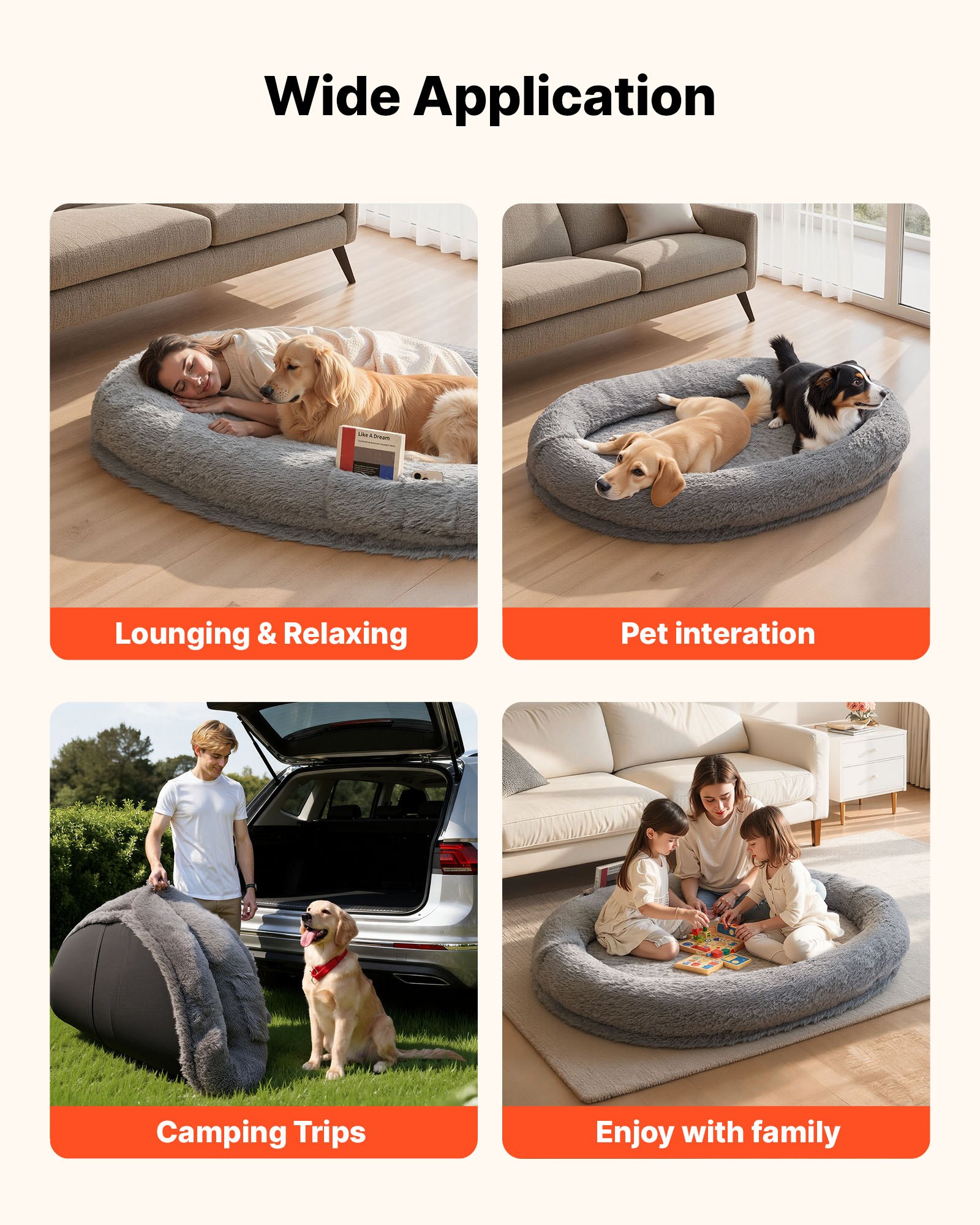 VEVOR Cuccia per Cani di Taglia Grande da 1740 x 1180 x 240 mm, Letto per Cani a Misura Umana, con Tasca Laterale, Maniglia e Cerniera, Fodera Rimovibile e Lavabile in Lavatrice, Pelo Alto
