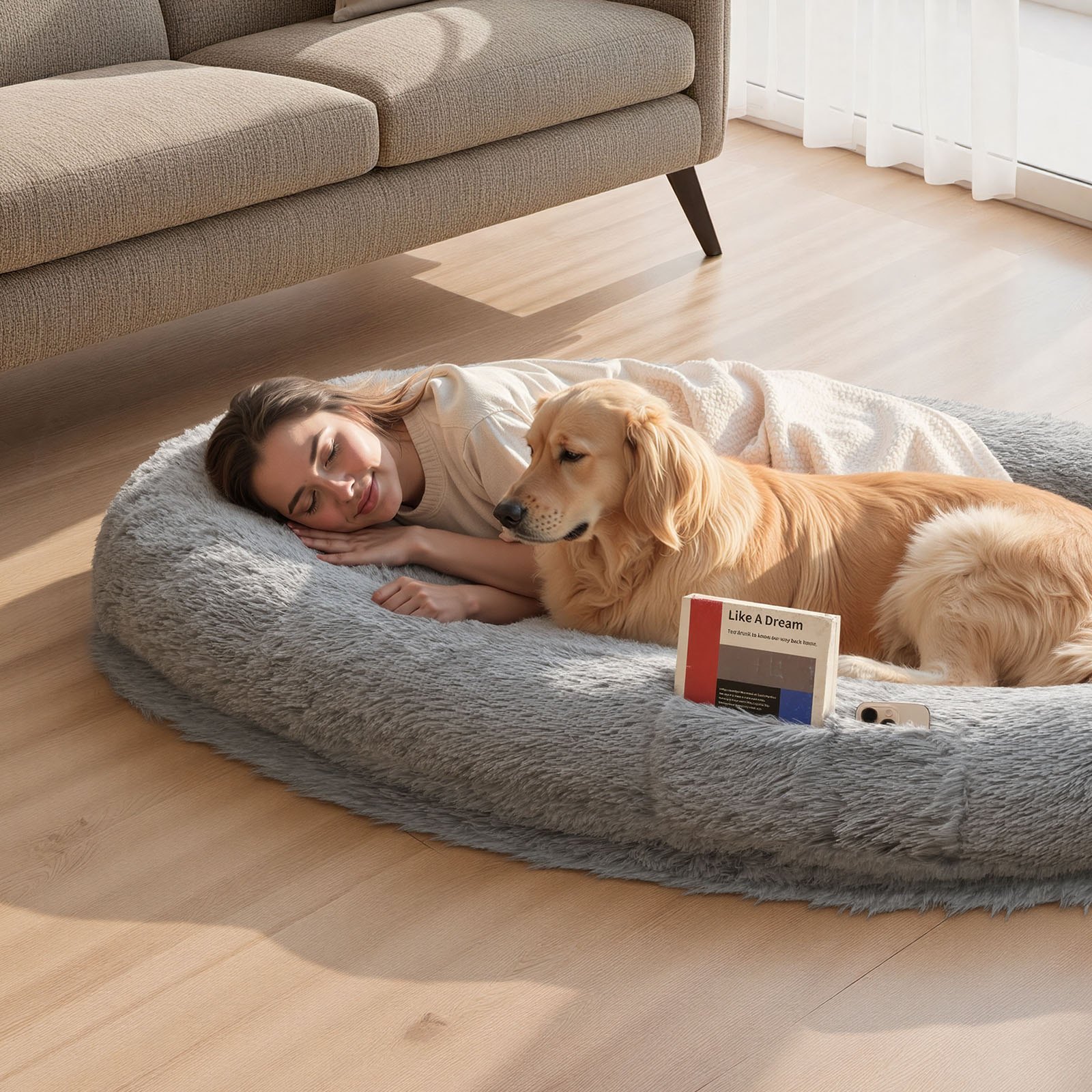 VEVOR Cuccia per Cani di Taglia Grande da 1740 x 1180 x 240 mm, Letto per Cani a Misura Umana, con Tasca Laterale, Maniglia e Cerniera, Fodera Rimovibile e Lavabile in Lavatrice, Pelo Alto