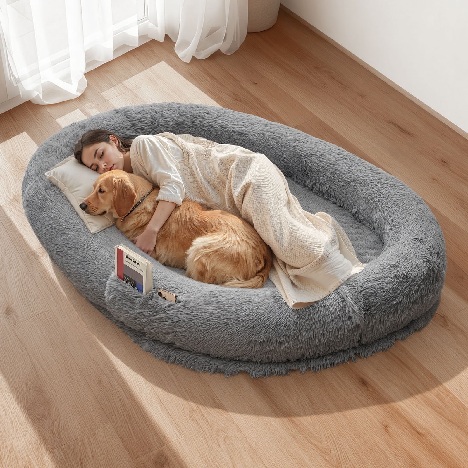 VEVOR Cuccia per Cani di Taglia Grande da 1740 x 1180 x 240 mm, Letto per Cani a Misura Umana, con Tasca Laterale, Maniglia e Cerniera, Fodera Rimovibile e Lavabile in Lavatrice, Pelo Alto