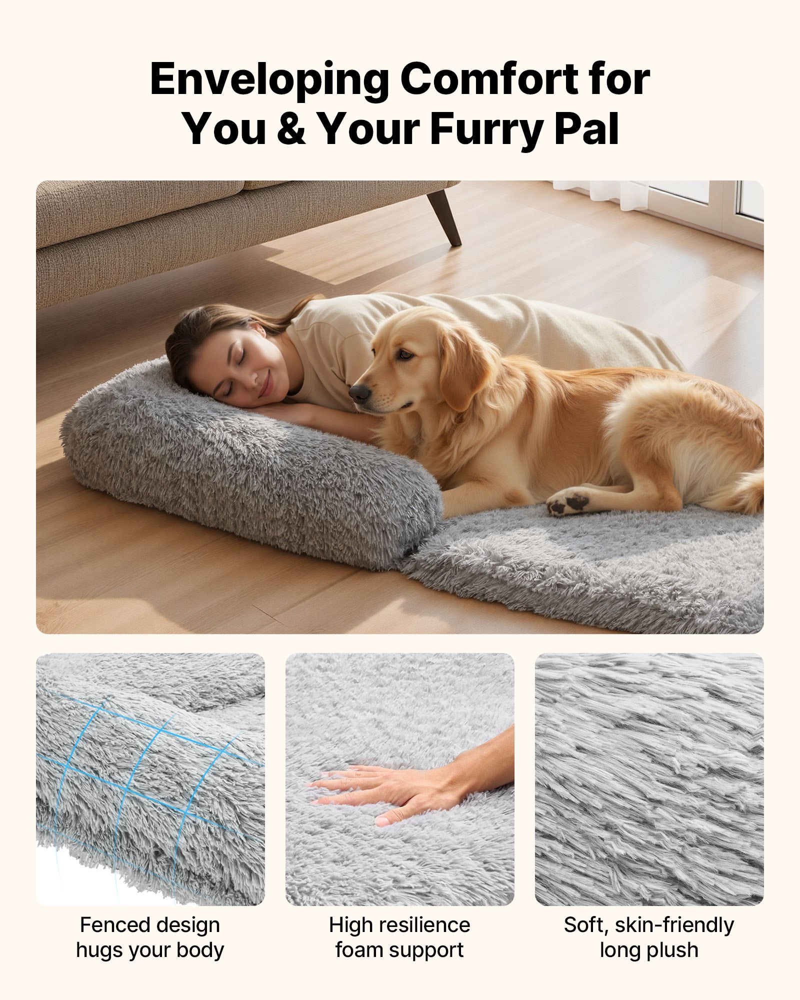 VEVOR Cuccia per Cani Animali Domestici da 1810 x 1110 x 240 mm, Peluche Luogo per Cani di Taglia Umana, con Tasca Laterale, Maniglia e Cerniera, Rimovibile, Lavabile in Lavatrice, Grigio Scuro