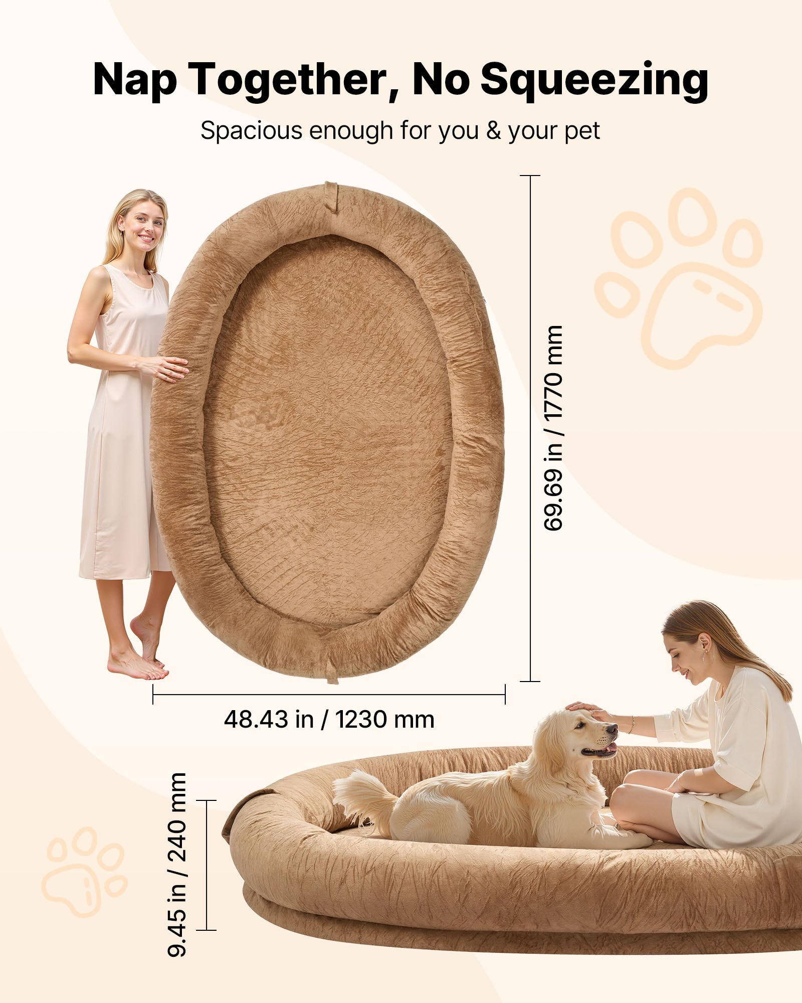 VEVOR Letto Stile Cane per Umani Amici Pelosi da 1770 x 1230 x 240 mm, Letto per Cani a Misura Umana, con Tasca Laterale, Maniglia e Cerniera, Fodera Rimovibile e Lavabile in Lavatrice, Pelo Corto