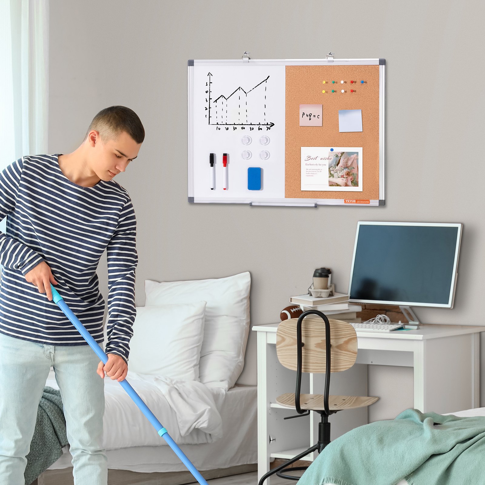 VEVOR 24"x18" Whiteboard & Corkboard Combination with Aluminum Frame – 2-in-1 Magnetic, Dry Erasable Wall-Mounted Pinboard – Ideal for School, Home, Office