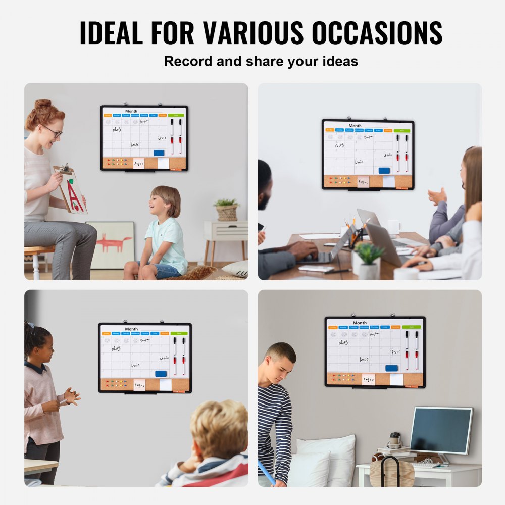 VEVOR 24" x 18" Monthly Calendar Whiteboard and Corkboard Combination with Aluminum Frame – 2-in-1 Magnetic, Dry Erasable Wall-Mounted Pinboard – Ideal for School, Home, Office