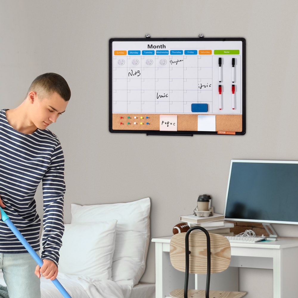 VEVOR 24" x 18" Monthly Calendar Whiteboard and Corkboard Combination with Aluminum Frame – 2-in-1 Magnetic, Dry Erasable Wall-Mounted Pinboard – Ideal for School, Home, Office