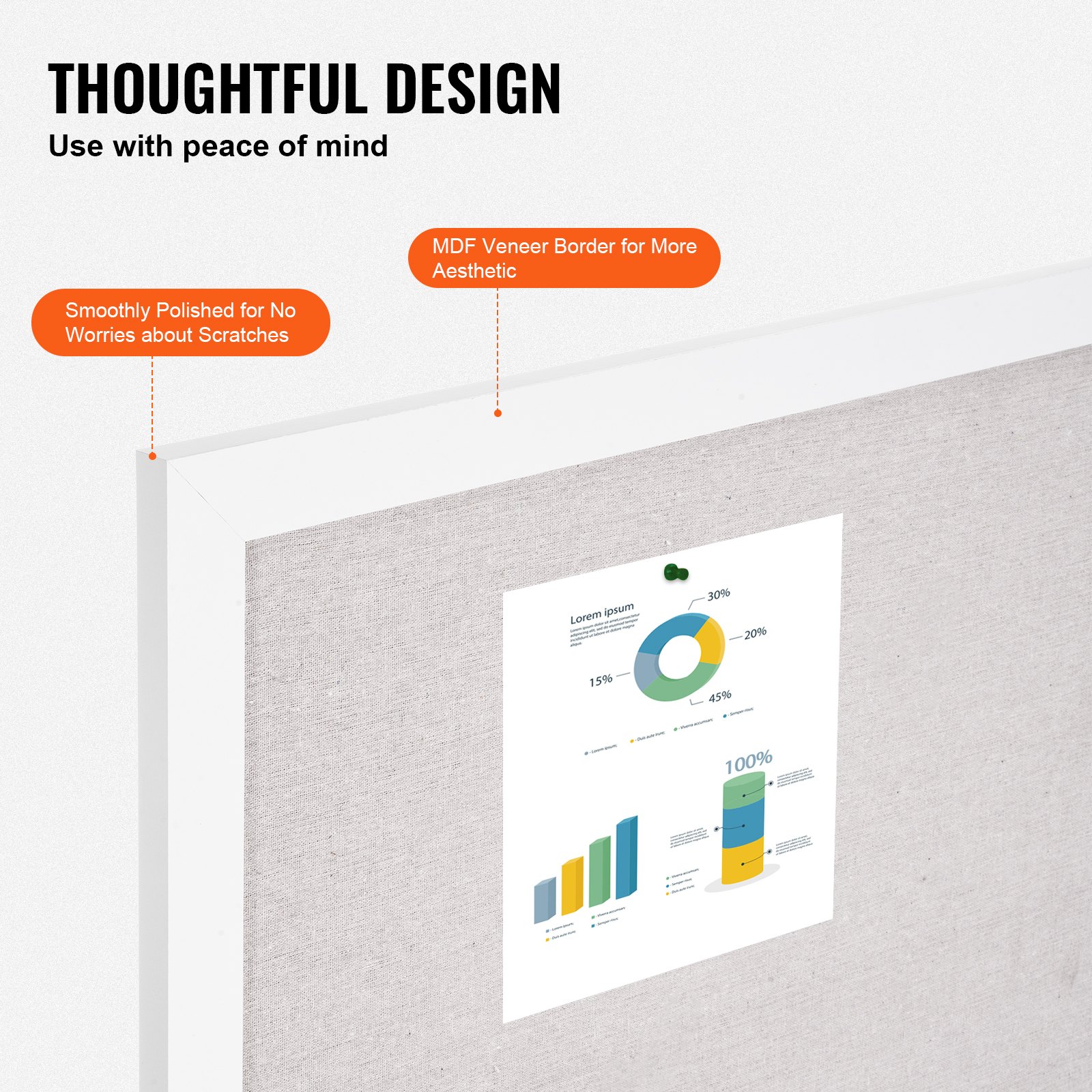 VEVOR Bacheca in Sughero Bianco con Superficie in Lino, 762 x 508 mm, Elegante bacheca a Parete con Cornice in Legno Bianco, Bacheca Elegante e Funzionale per Casa, Scuola e Ufficio