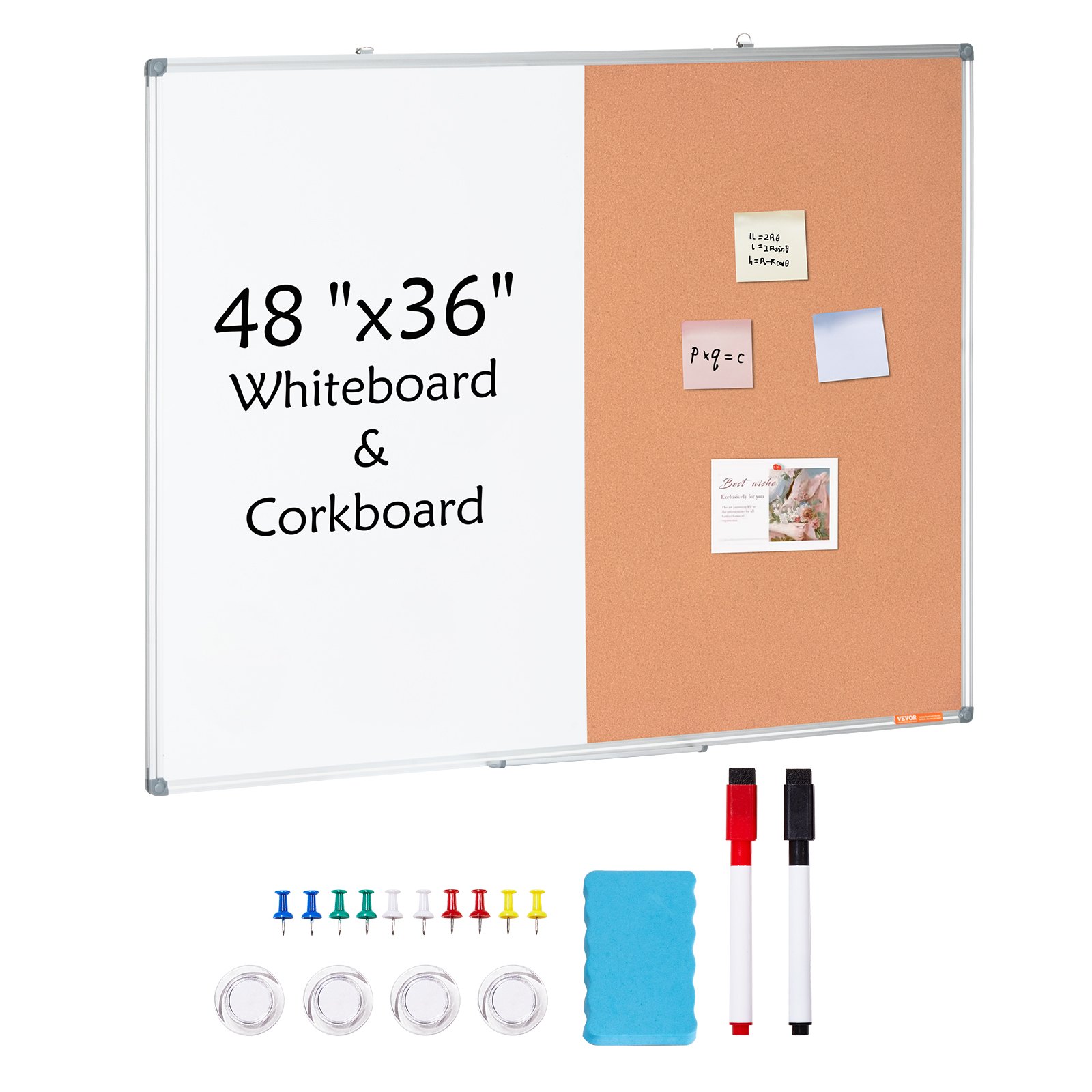 VEVOR 48" x 36" Whiteboard & Corkboard Combination with Aluminum Frame – 2-in-1 Magnetic, Dry Erasable Wall-Mounted Pinboard – Ideal for School, Home, Office