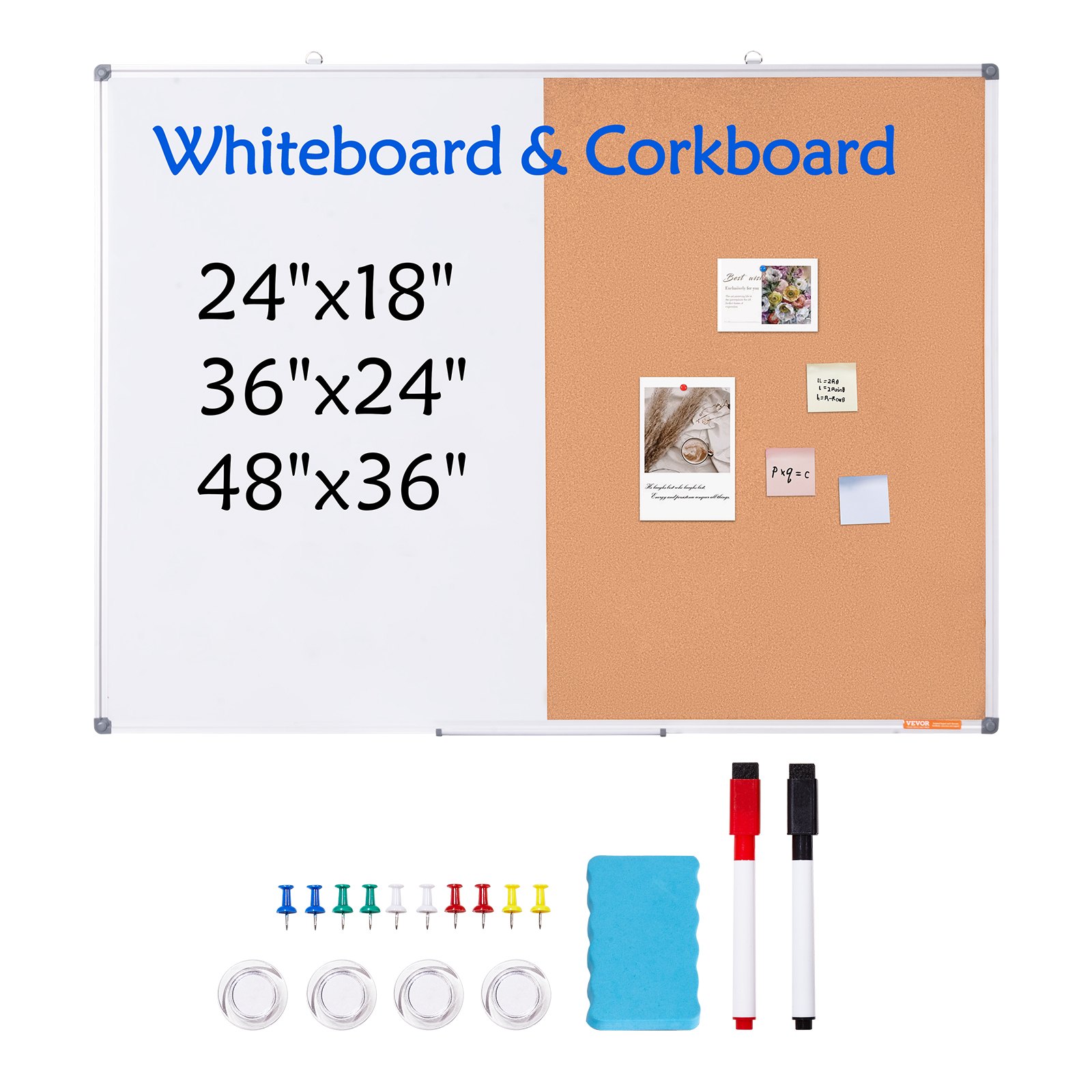 VEVOR 48" x 36" Whiteboard & Corkboard Combination with Aluminum Frame – 2-in-1 Magnetic, Dry Erasable Wall-Mounted Pinboard – Ideal for School, Home, Office